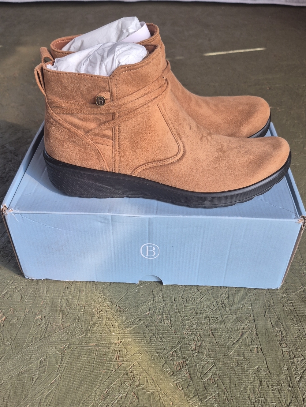 Bzees Tan Suede Ankle Booties with Black Wedge Sole